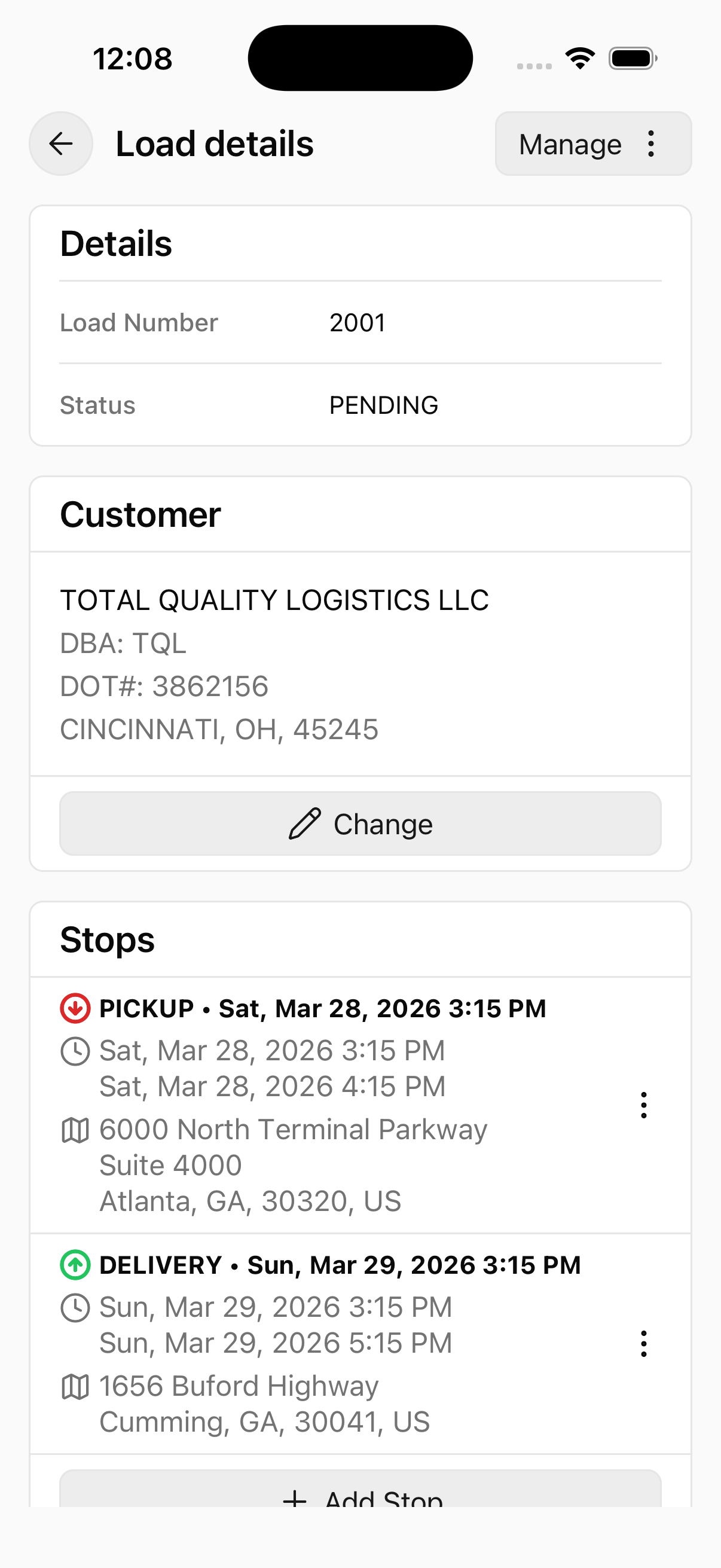 Load details screen showing customer info, pickup and delivery stops with addresses and times